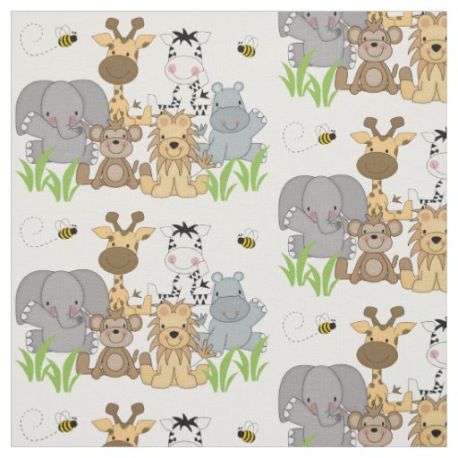 Safari Animals Lion Elephant Baby Toss White 100% cotton Fabric by the yard