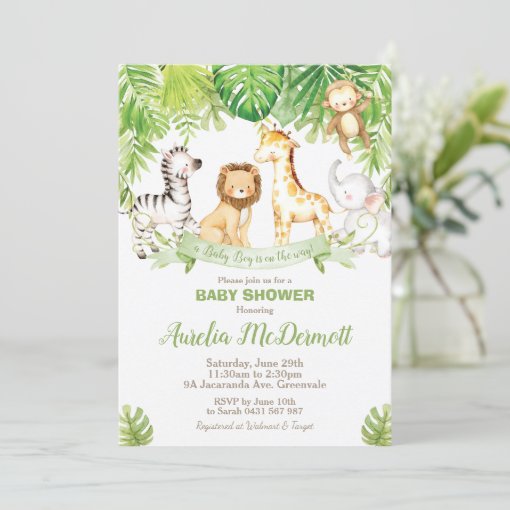 Safari Jungle Animals Baby Shower Boy Green Forest Invitation | Zazzle