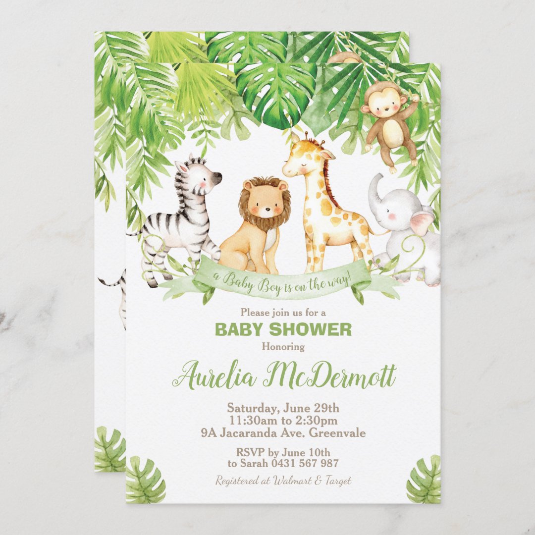 Safari Jungle Animals Baby Shower Boy Green Forest Invitation | Zazzle