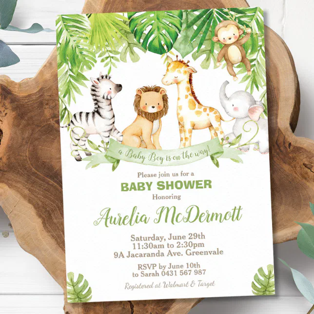 Safari Jungle Animals Baby Shower Boy Green Forest Invitation 