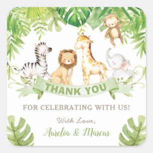 Safari Jungle Animals Baby Shower Boy Green Forest Square Sticker