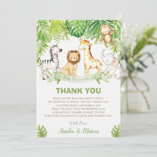 Safari Jungle Animals Baby Shower Boy Green Forest Thank You Card