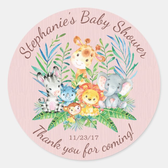 Safari Jungle Animals Baby Shower Favor Sticker (Front)