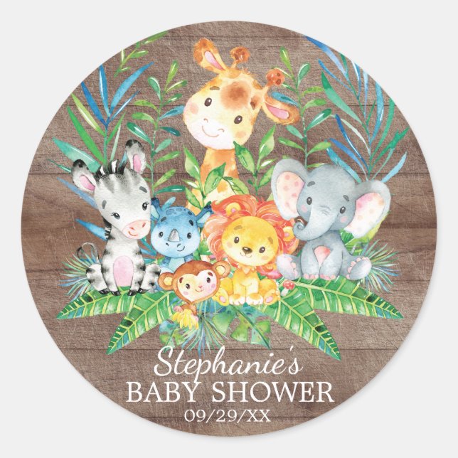 Safari Jungle Animals Baby Shower Favor Sticker (Front)