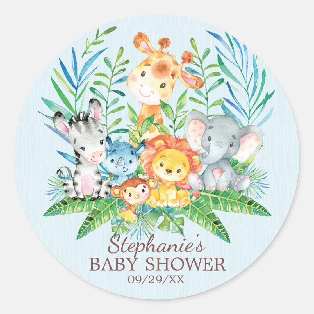 Safari Jungle Animals Baby Shower Favor Sticker | Zazzle