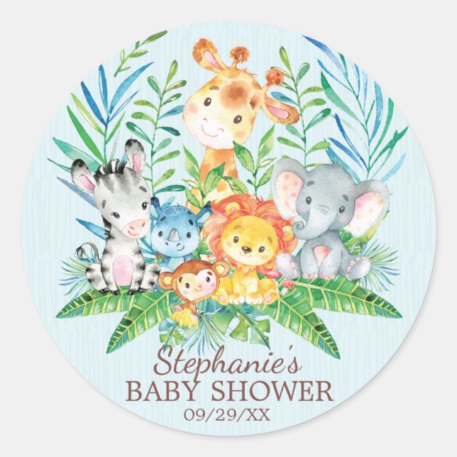 Safari Jungle Animals Baby Shower Favor Sticker (Front)