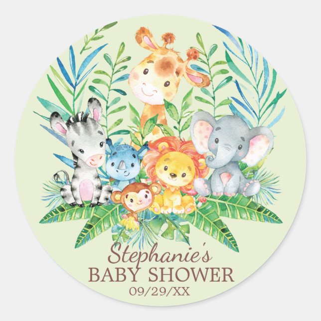 Safari Jungle Animals Baby Shower Favor Sticker (Front)