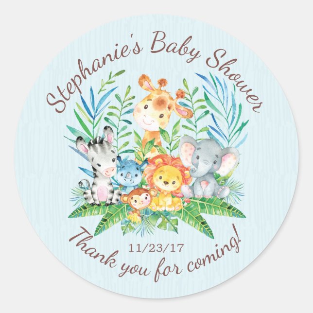 Safari Jungle Animals Baby Shower Favor Sticker (Front)