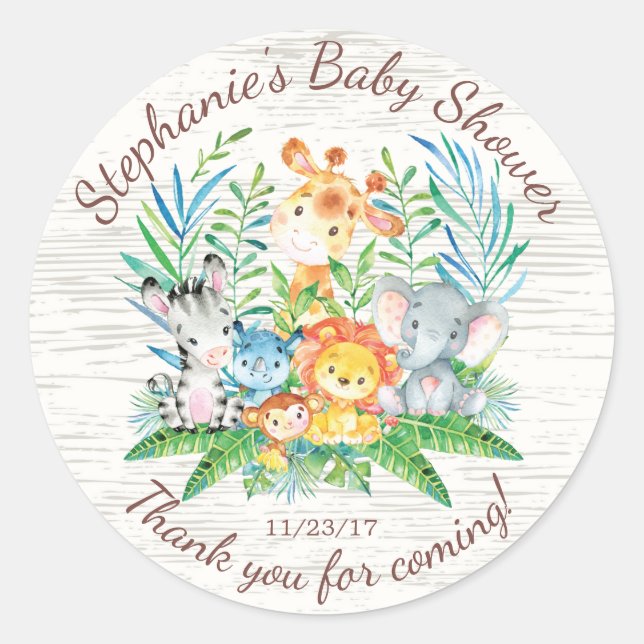 Safari Jungle Animals Baby Shower Favor Sticker (Front)