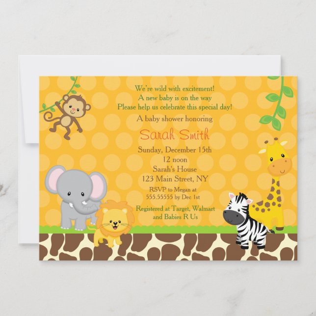Safari Jungle Animals Baby Shower Invitations (Front)