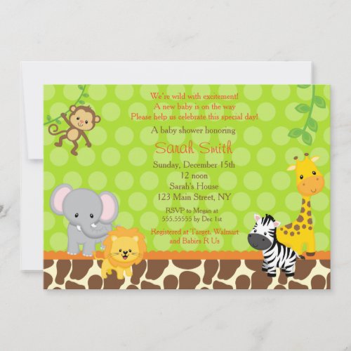 Safari Jungle Animals Baby Shower Invitations