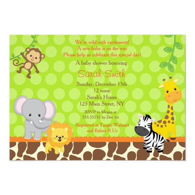 Safari Jungle Animals Baby Shower Invitations