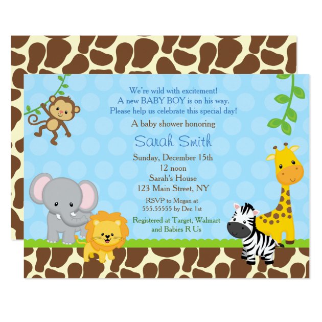 Safari Jungle Animals Baby Shower Invitations Boys