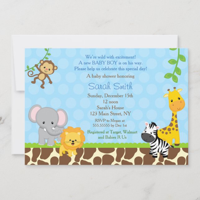 Safari Jungle Animals Baby Shower Invitations Boys (Front)