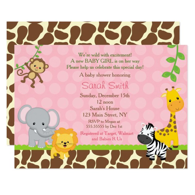 Safari Jungle Animals Baby Shower Invitations Girl