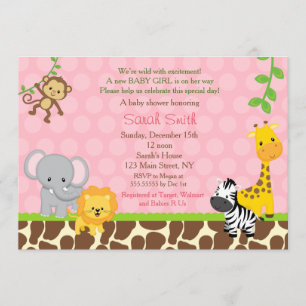Safari Jungle Animals Baby Shower Invitations Girl