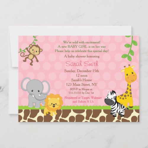 Safari Jungle Animals Baby Shower Invitations Girl