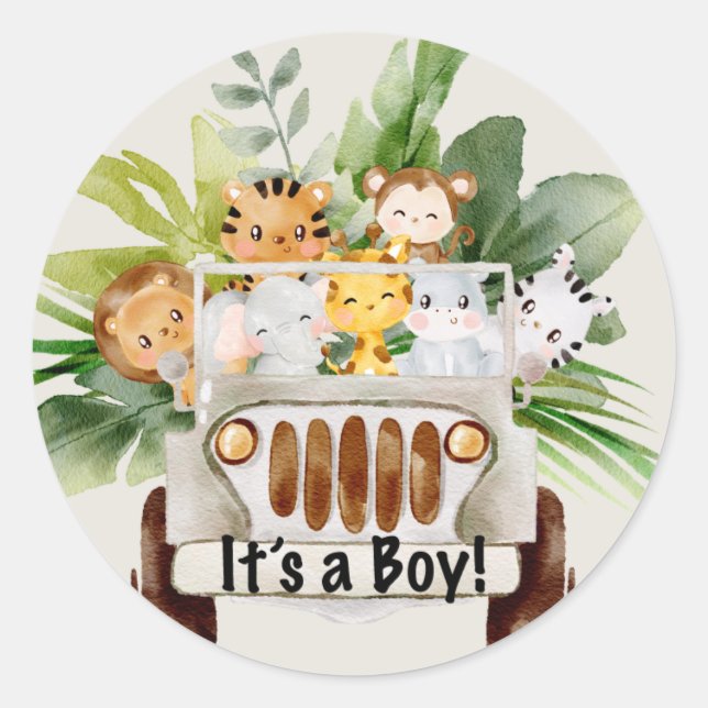 Safari Jungle Animals Baby Shower It's a boy Classic Round Sticker (Front)