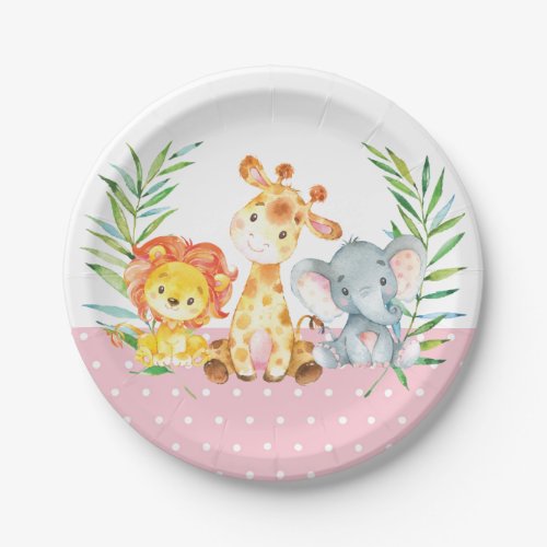 Safari Jungle Animals Baby Shower Pink Paper Plate