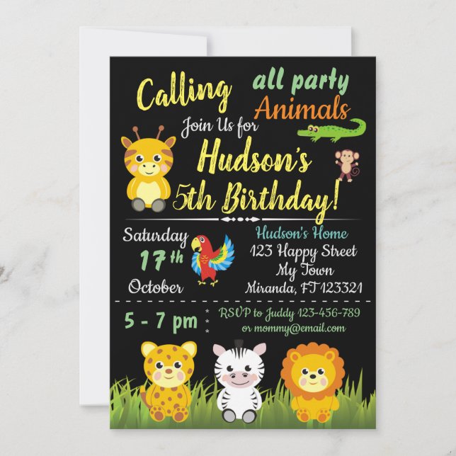 Safari Jungle animals birthday invitation (Front)