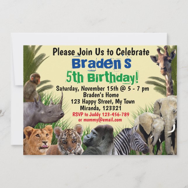 Safari Jungle animals birthday invitation (Front)