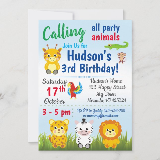 Safari Jungle animals birthday invitation (Front)