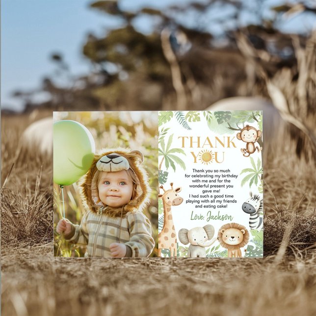 Safari Jungle Animals Birthday Photo Thank You Card (Creator Uploaded)