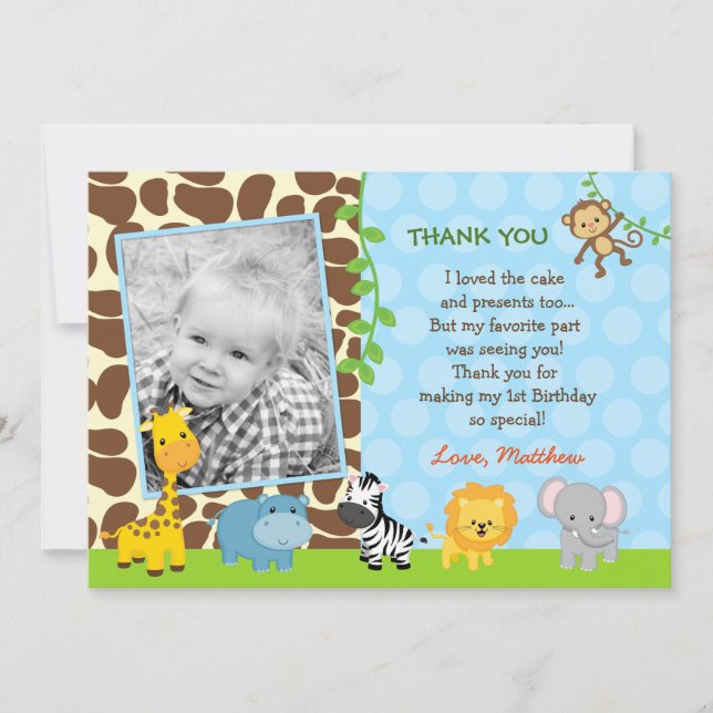 Safari Jungle Animals Birthday Thank You Note Card (Front)