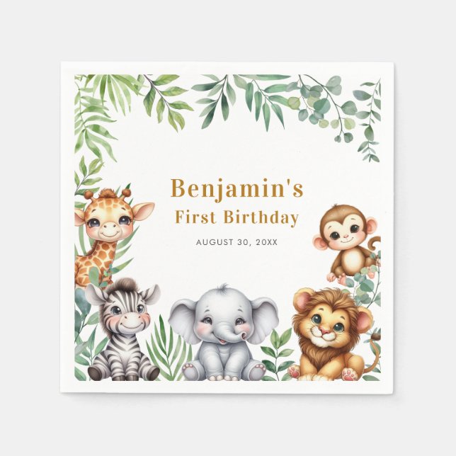 Safari Jungle Animals Boy 1st Birthday Napkins (Front)