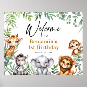 Safari Jungle Animals Boy 1st Birthday Welcome Poster