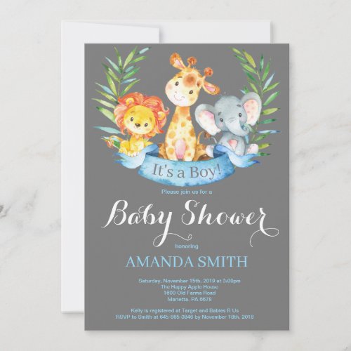 Safari Jungle Animals Boy Baby Shower Invitation