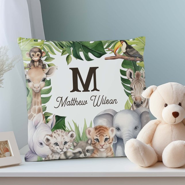 Safari jungle animals cute baby boy name nursery throw pillow (Safari Animals themed, new baby names and monogram.)