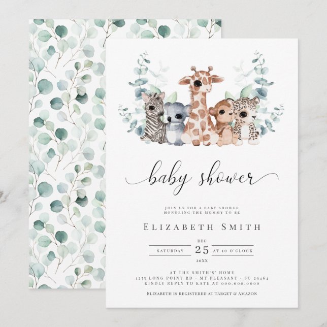 Safari Jungle Animals Eucalyptus Baby Shower Invit Invitation (Front/Back)