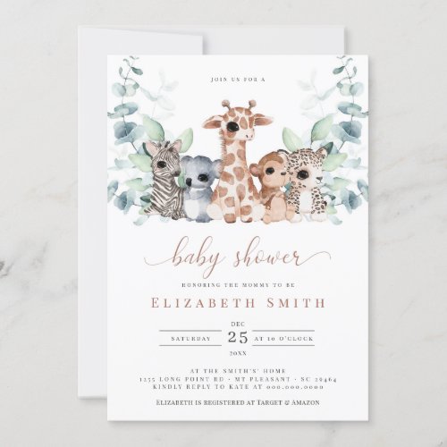 Safari Jungle Animals Eucalyptus Baby Shower Invitation