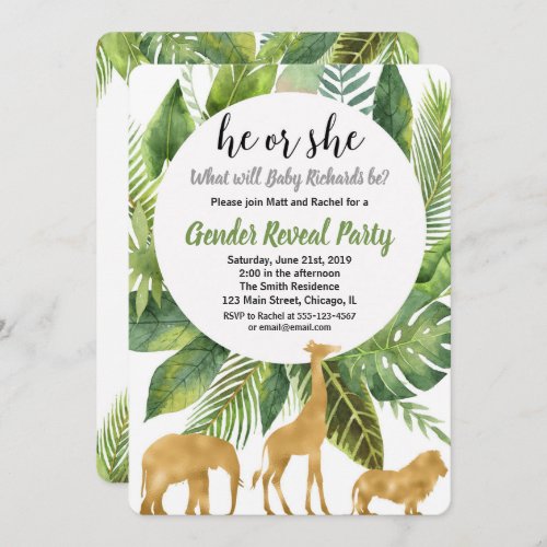 Safari jungle animals gender reveal invitation