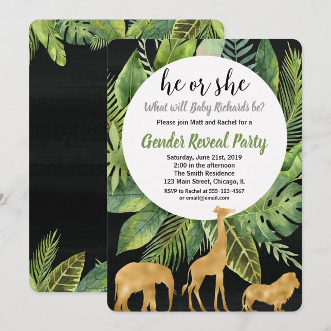 Safari jungle animals gender reveal invitation (Front/Back)
