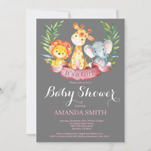 Safari Jungle Animals Girl Baby Shower Invitation