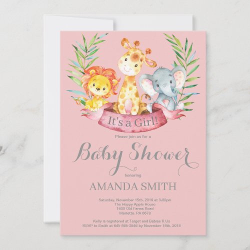 Safari Jungle Animals Girl Baby Shower Invitation