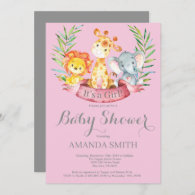 Safari Jungle Animals Girl Baby Shower Invitation