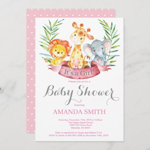 Safari Jungle Animals Girl Baby Shower Invitation