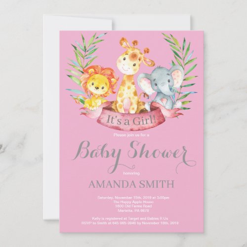 Safari Jungle Animals Girl Baby Shower Invitation