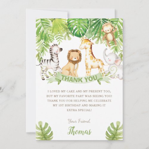 Safari Jungle Animals Green Forest Birthday Baby   Thank You Card