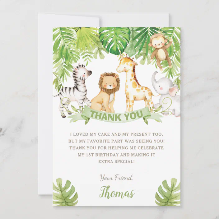 Cute Little Jungle Animals Personalized Birthday Party Thank You Cards 