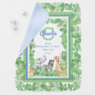 Safari Jungle Animals Greenery Birth Stats Boy Baby Blanket