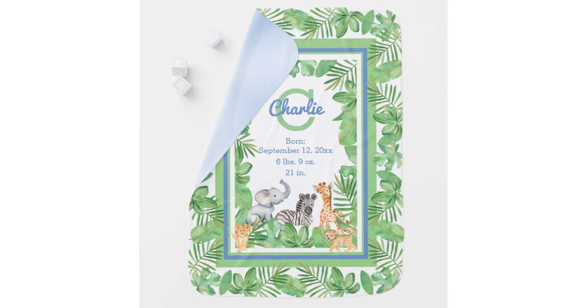 Safari Jungle Animals | Greenery Birth Stats Boy Baby Blanket | Zazzle