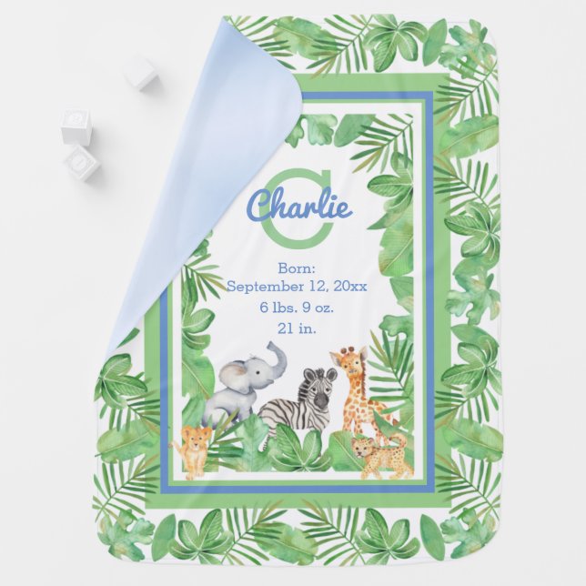 Safari Jungle Animals | Greenery Birth Stats Boy Baby Blanket (In Situ)