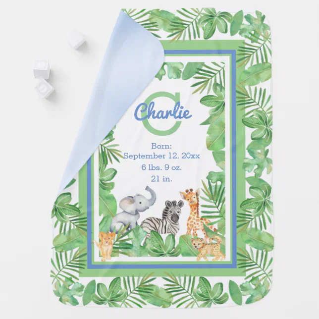 Safari Jungle Animals | Greenery Birth Stats Boy Baby Blanket | Zazzle