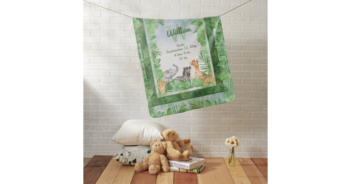 Safari Jungle Animals | Greenery Monogram Boy Baby Blanket | Zazzle