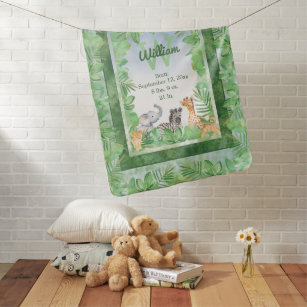 Safari Jungle Animals   Greenery Monogram Boy Baby Blanket
