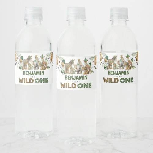 Safari Jungle Animals Greenery Wild One Birthday Water Bottle Label